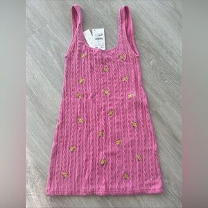 Zara cable knit tank mini dress Pink embroidered floral Fairy Coquette large NWT